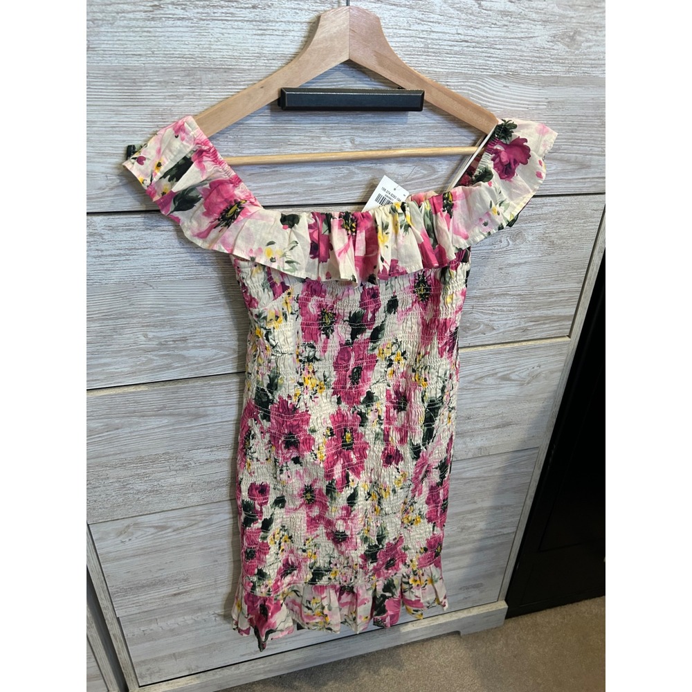 NWT Abercrombie & Fitch Pink Floral Smocked Off Shoulder Mini Dress - Picture 3 of 6